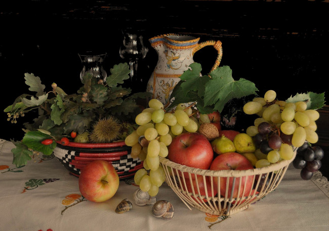 Обои картинки фото еда, натюрморт, снедь, виноград, яблоки