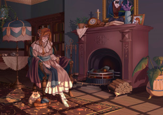 Картинка рисованное люди женщина камин кот вязание