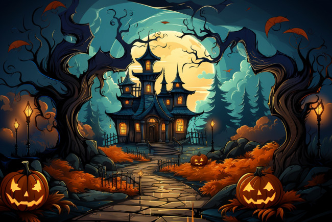 Обои картинки фото праздничные, хэллоуин, дом, тыквы, лес, луна