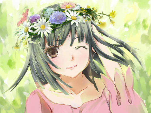 Обои картинки фото аниме, bakemonogatari, sengoku nadeko, девушка, венок, цветы, платье