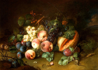 Картинка амандус рисованные живопись персики дыня ящерица виноград сливы