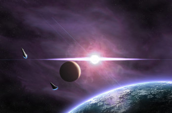 Картинка космос арт спутник планета звезды сияние вспышка spaceships