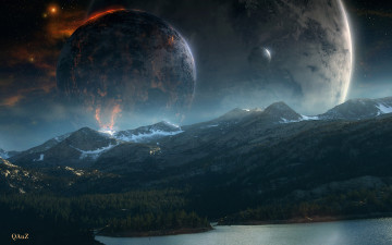 Картинка 3д графика atmosphere mood атмосфера настроения озеро ландшафт qauz туманность звезды горы холмы небо лес планеты