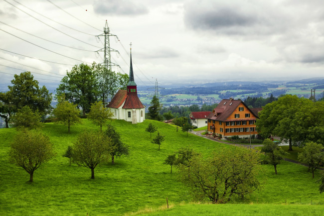 Обои картинки фото швейцария, менцинген, города, пейзажи, дома, кирха, дорога