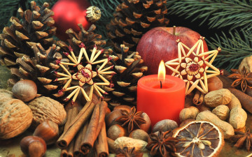 Картинка праздничные угощения печенье сладости фрукты корица nuts орехи decoration merry xmas christmas новый год рождество
