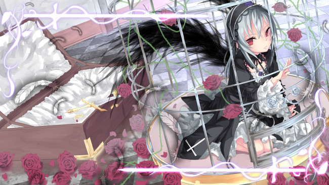 Обои картинки фото аниме, rozen maiden, клетка, арт, saraki, suigintou, девочка, rozen, maiden, ангел, чемодан, розы
