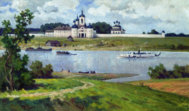 Обои картинки фото покровский монастырь в угличе, рисованное, живопись, река, храм, облака, небо, пароход