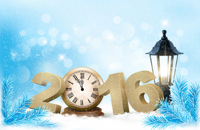 Обои картинки фото праздничные, - разное , новый год, часы, фонарь, елка, 2016, снег, праздник