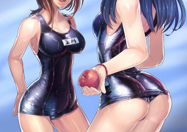 Обои картинки фото аниме, unknown,  другое, яблоко, мокрые, девушки, арт, fengmo