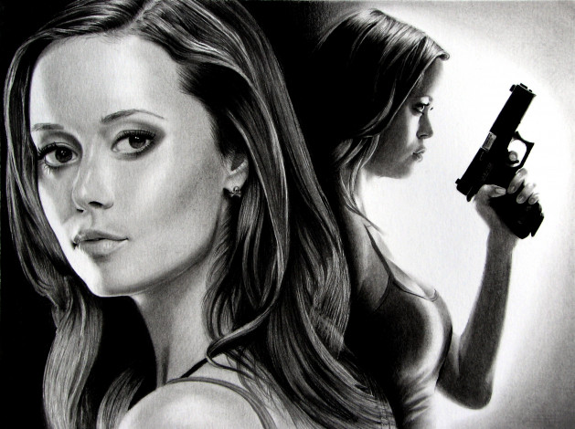 Обои картинки фото рисованное, люди, девушка, фон, взгляд, пистолет