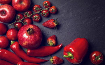 Картинка еда фрукты+и+овощи+вместе яблоки клубника помидоры гранат перец томаты