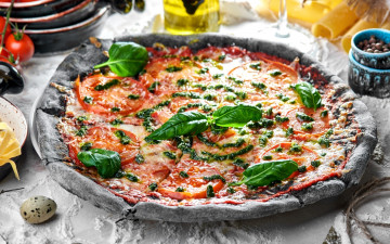 Картинка еда пицца помидоры базилик зелень