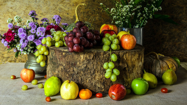 Обои картинки фото еда, натюрморт, букет, яблоки, виноград