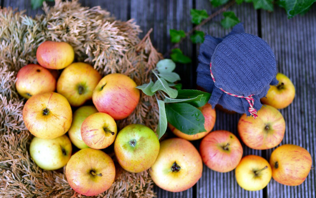 Обои картинки фото еда, яблоки, банка, урожай