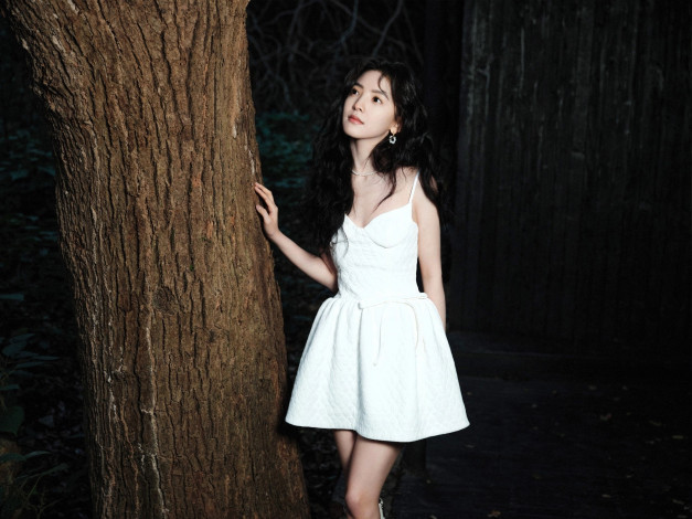 Обои картинки фото zhang ruo nan, девушки, - азиатки, брюнетка, платье, дерево