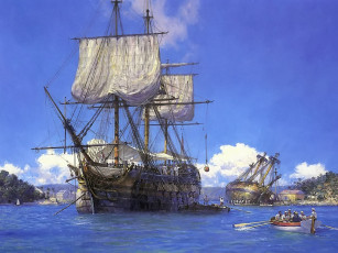 Картинка geoff hunt hms trusty in englich harbour antiqua корабли рисованные