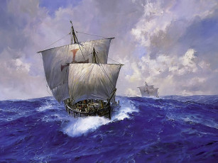 Картинка geoff hunt nina and pinta racing home february 1493 корабли рисованные