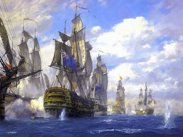 Обои картинки фото geoff, hunt, battle, of, st, vincent, 14, february, 1787, корабли, рисованные