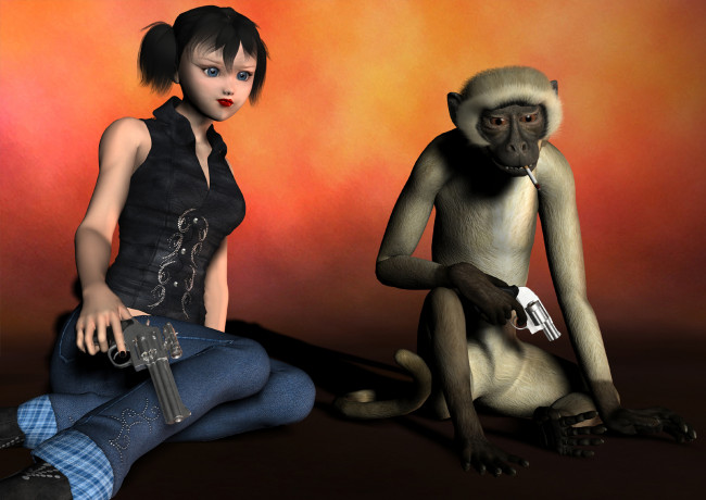 Обои картинки фото 3д, графика, fantasy, фантазия, обезьяна, сигарета, девушка
