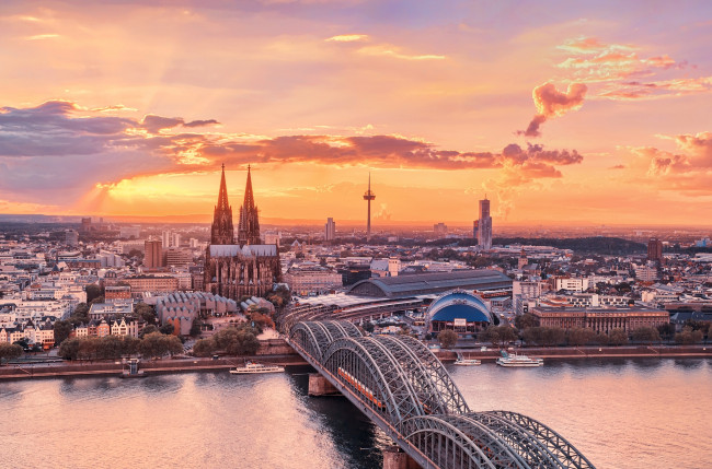 Обои картинки фото города, кельн, германия, рассвет, собор, река, мост