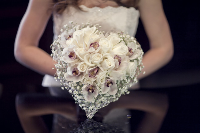 Обои картинки фото цветы, букеты, композиции, невеста, гипсофила, орхидеи, розы