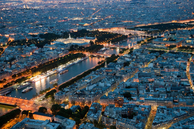 Обои картинки фото города, париж, франция, ночь, огни, панорама, мосты, река