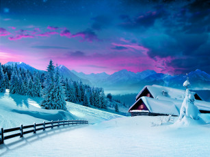 Картинка природа зима снег ели дома