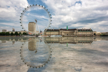 обоя london eyes, города, лондон , великобритания, река, отражение, колесо