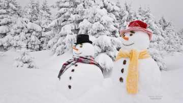 Картинка праздничные снеговики шарфы шляпы деревья снег