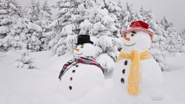 Обои картинки фото праздничные, снеговики, шарфы, шляпы, деревья, снег