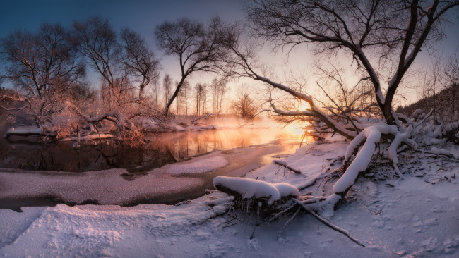 Обои картинки фото природа, зима, река, закат