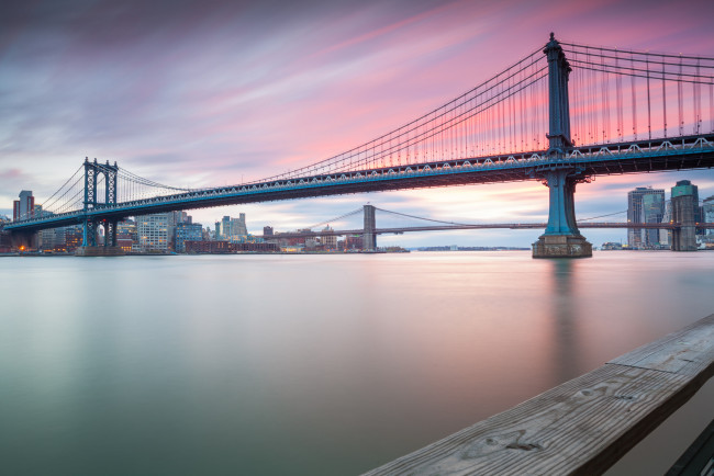 Обои картинки фото manhattan and brooklyn bridges at sunset, города, - мосты, заря, мосты, утро