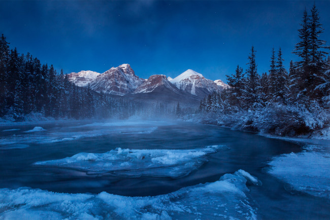 Обои картинки фото природа, зима, снег, лёд, ночь, горы, река, альберта, лес, канада
