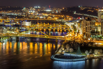 обоя pittsburgh`s golden bridges, города, питтсбург , сша, огни, мосты, ночь