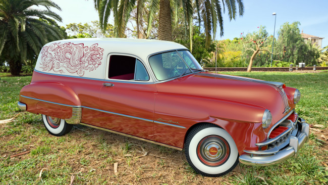 Обои картинки фото автомобили, 3д, автомобиль, 1949г, фон, pontiac