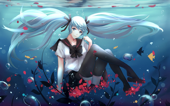 Обои картинки фото аниме, vocaloid, вода, арт, sfive, девушка, океан, рыбки, hatsune, miku