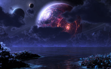 Картинка 3д+графика атмосфера настроение+ atmosphere+ +mood+ берег море ночь облака кольца планеты спутники