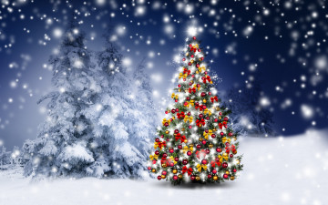 обоя праздничные, Ёлки, снег, елки, winter, украшения, happy, christmas, tree, шары, рождество, decoration, night, новогодняя, елка, merry, зима, snow, снежинки, новый, год