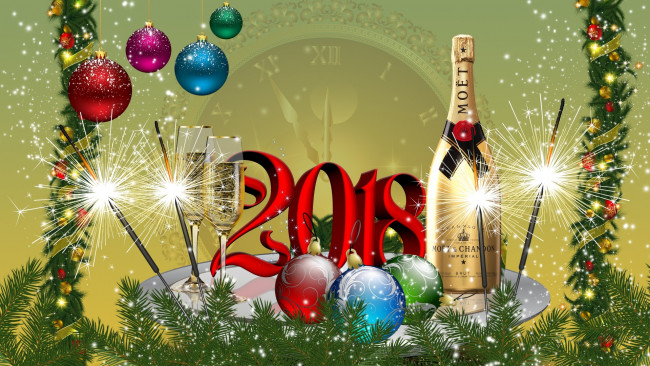 Обои картинки фото праздничные, векторная графика , новый год, новый, год, елка, шары, 2018, шампанское, графика