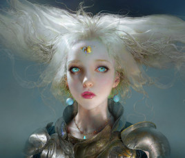 Картинка фэнтези девушки доспехи латные ruan jia девушка-воин unicorn art белые волосы серый фон голубые глаза единорог серьги лицо