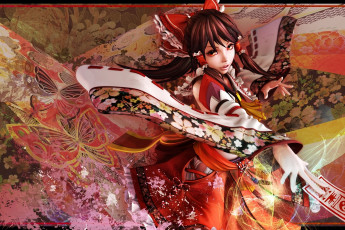 Картинка 3д графика anime аниме иероглифы карточка кимоно девушка бант touhou