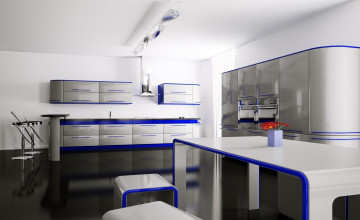 Картинка 3д графика realism реализм синий шкафчики полки цветы интерьер кухня комната квартира стол стулья