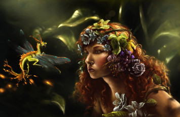 обоя gianna ragagnin, фэнтези, красавицы и чудовища, дракончик, флора, девушка, цветы