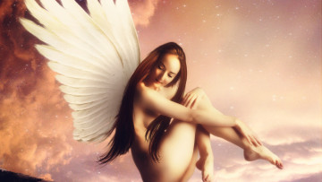 обоя фэнтези, ангелы, девушка, ангел, крылья, шатенка