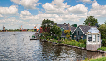 Картинка города -+пейзажи деревья причалы дома река нидерланды ветряк набережная