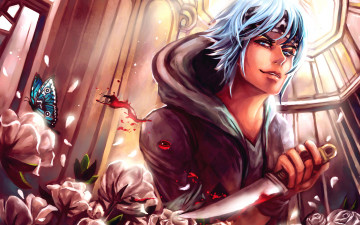 Картинка аниме -weapon +blood+&+technology парень кровь нож цветы бабочка улыбка
