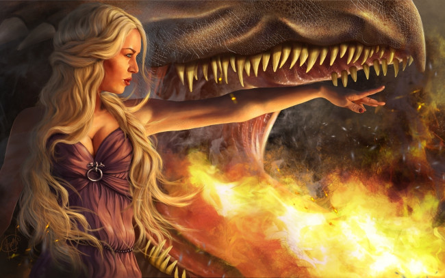 Обои картинки фото фэнтези, красавицы и чудовища, девушка, дракон, блондинка, огонь, рука