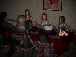 Картинка 3д+графика люди+ people семья торт стол