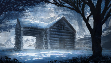 Картинка рисованное живопись снег бревенчатый дом ночь зима