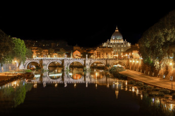 обоя ponte st angelo,  rome, города, рим,  ватикан , италия, ночь, мост, река